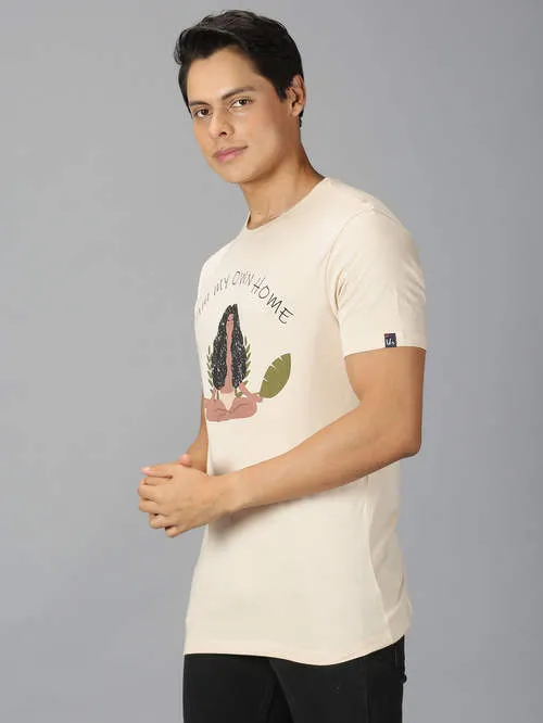 UrGear Printed Men Round Neck Beige T-shirt