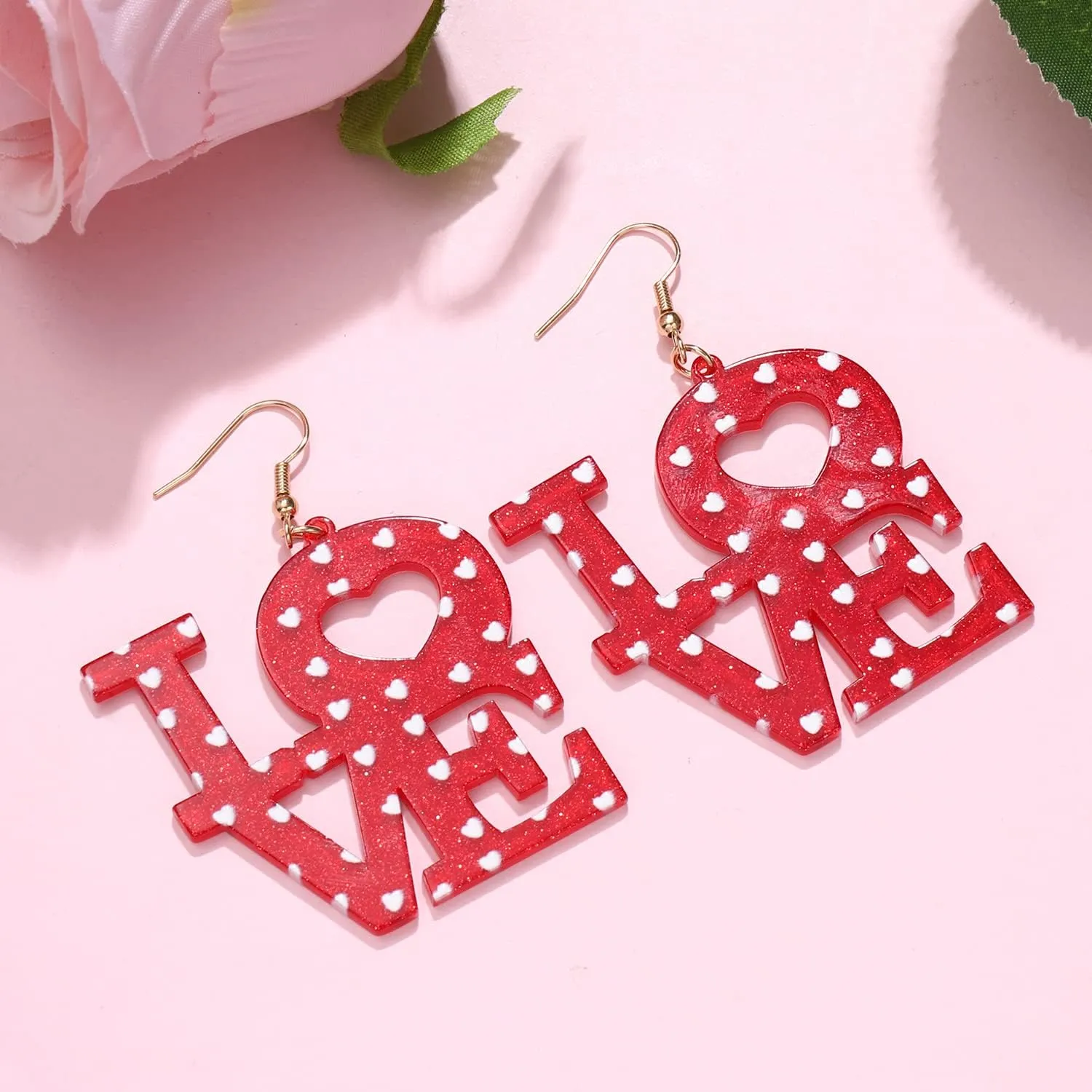 Valentines Day Earrings for Women Acrylic Love Dangle Earrings Glitter Heart Letters Drop Earrings Handmade Resin Valentine's Day Jewelry Gifts