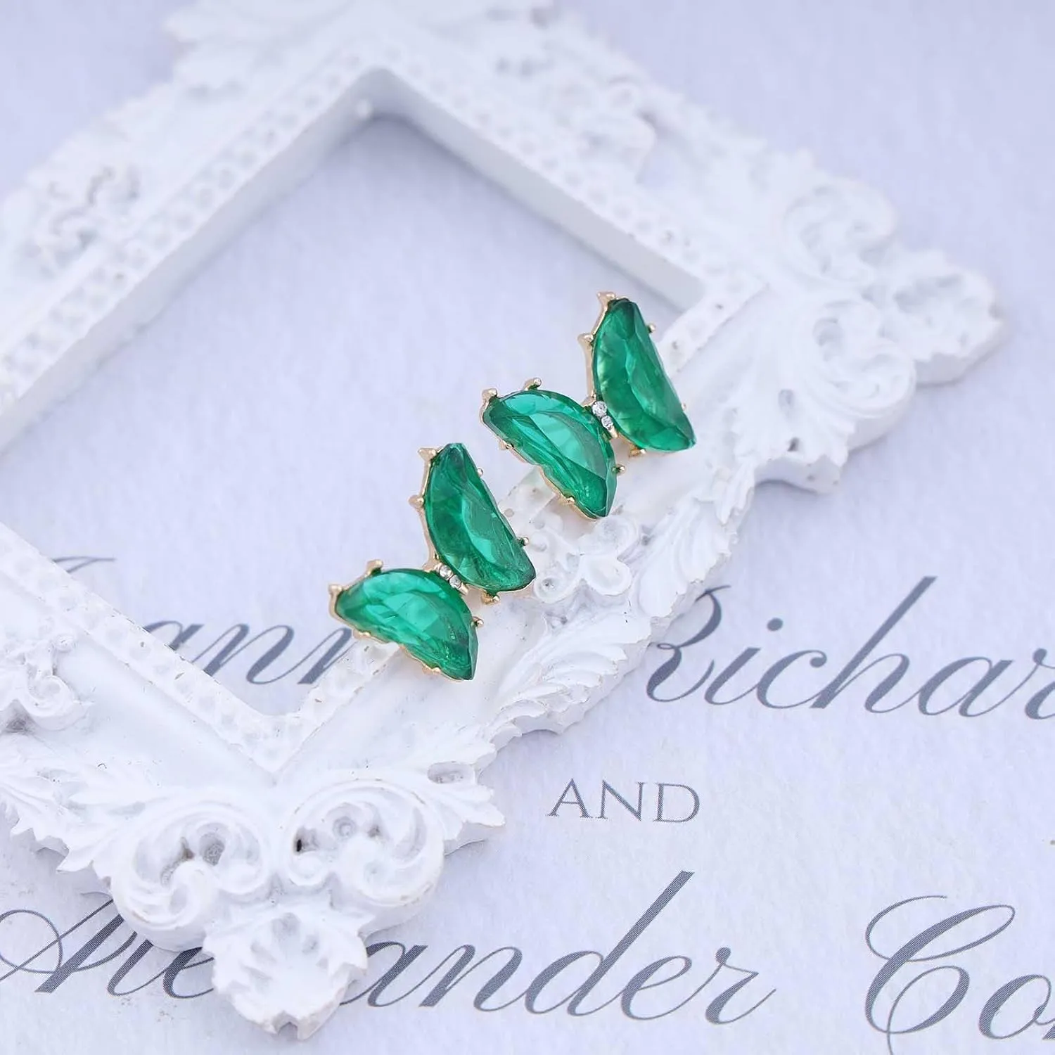 Vintage Butterfly Emerald Earrings Crystal Butterfly Earrings Green Butterfly Stud Earrings Crystal Emerald Stud Earrings Jewelry for Women (Green)