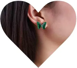 Vintage Butterfly Emerald Earrings Crystal Butterfly Earrings Green Butterfly Stud Earrings Crystal Emerald Stud Earrings Jewelry for Women (Green)