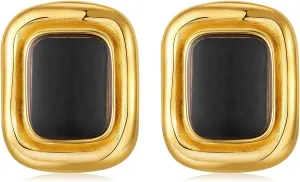 Vintage Chunky Earrings Black and Gold Rectangle Statement Earrings 18K Gold Stud Non Tarnish Stainless Steel