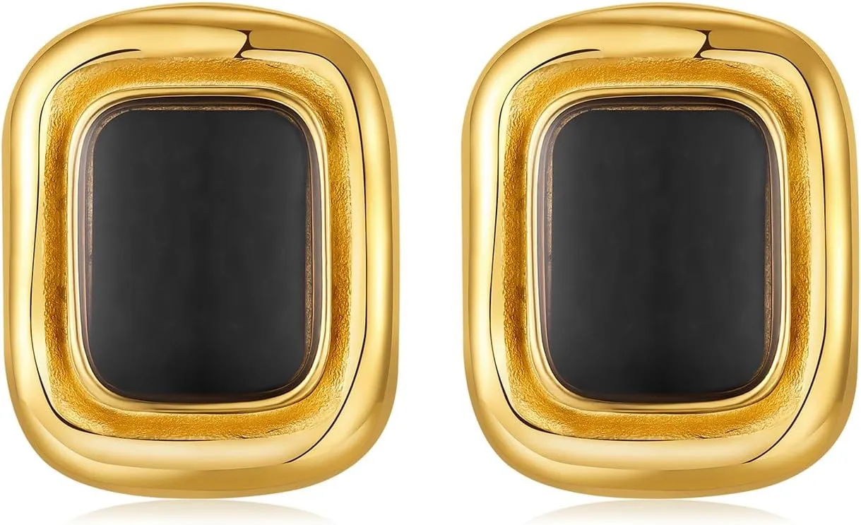 Vintage Chunky Earrings Black and Gold Rectangle Statement Earrings 18K Gold Stud Non Tarnish Stainless Steel