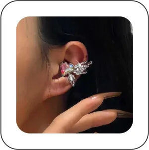 Vintage Crystal Heart Wing Ear Cuff Earrings Silver Angel Wing Cuff Wrap Earrings Rhinestone Wing Crawler Cuff Earrings Colorful Cz Heart Cartilage Cuff Earrings Cz Love Heart Earrings(Left)