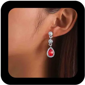 Vintage Crystal Teardrop Earrings Crystal Halo Ruby Dangle Earrings Silver Red Ruby Gemstone Earrings Red Ruby Drop Earrings Wedding Birdal Prom Earrings Jewelry for Women