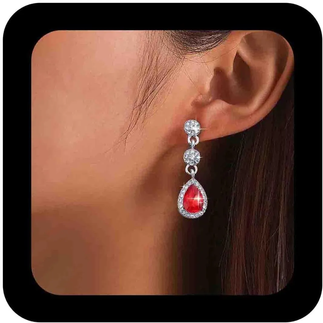 Vintage Crystal Teardrop Earrings Crystal Halo Ruby Dangle Earrings Silver Red Ruby Gemstone Earrings Red Ruby Drop Earrings Wedding Birdal Prom Earrings Jewelry for Women