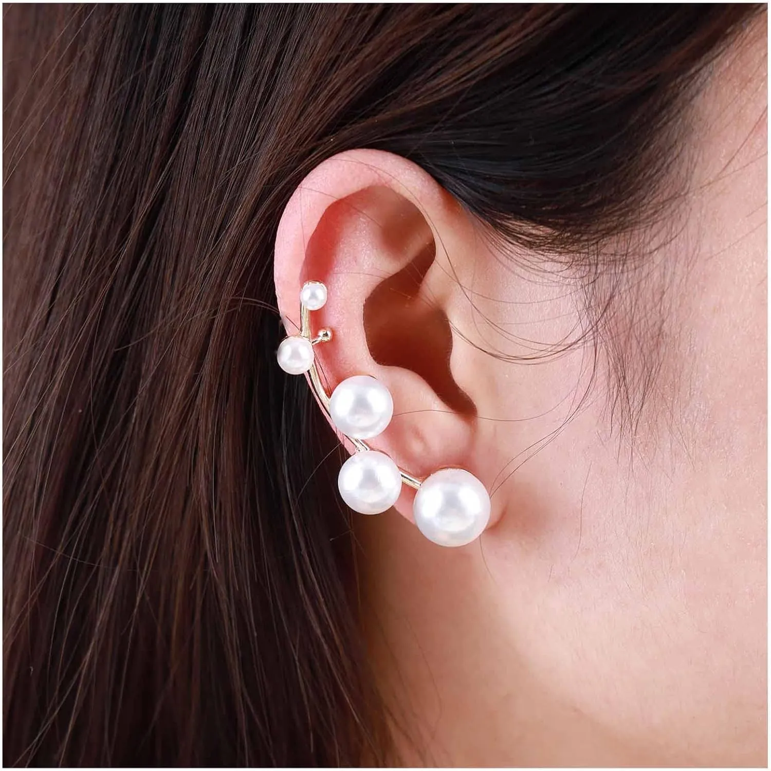 Vintage Pearl Ear Cuff Earrings Pearl Cartilage Earrings Faux Pearl Wrap Around Earrings Pearl Climber Earrings Gold Pearl Ear Wrap Earrings Jewelry for Women (Left)
