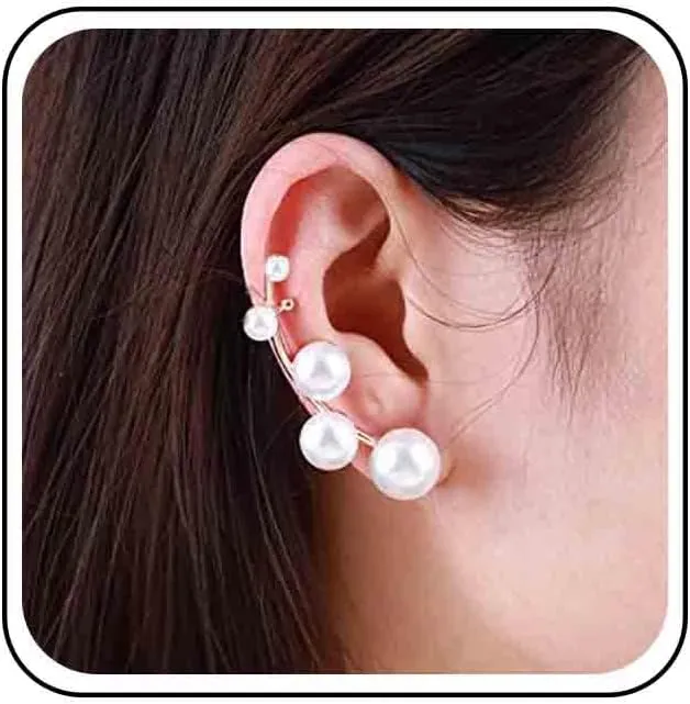 Vintage Pearl Ear Cuff Earrings Pearl Cartilage Earrings Faux Pearl Wrap Around Earrings Pearl Climber Earrings Gold Pearl Ear Wrap Earrings Jewelry for Women (Left)