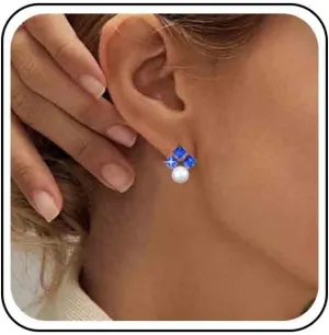 Vintage Pearl Sapphire Earrings Blue Crystal Pearl Earrings Sapphire Square Earrings Blue Rhinestone Pearl Stud Earrings Jewelry for Women (Blue)