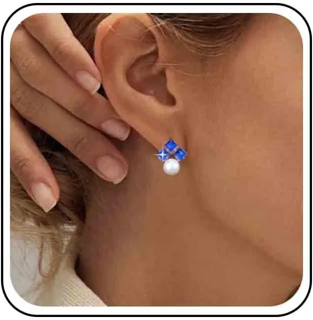Vintage Pearl Sapphire Earrings Blue Crystal Pearl Earrings Sapphire Square Earrings Blue Rhinestone Pearl Stud Earrings Jewelry for Women (Blue)