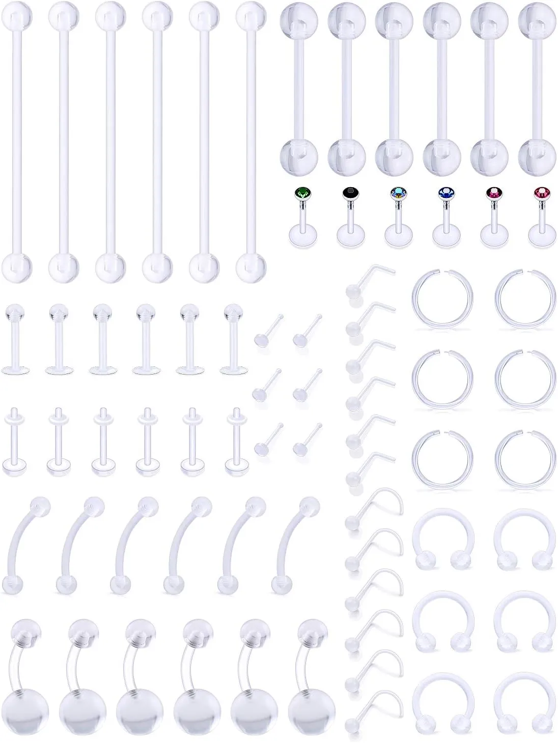 Vsnnsns 14G 16G 20G Clear Piercing Plastic Retainer for Nose Lip Tongue Nipple Eyebrow Septum Belly Rings Industrial Piercing Jewelry Earrings Use for Sport Work Surgery Piercing Retainer 72Pcs