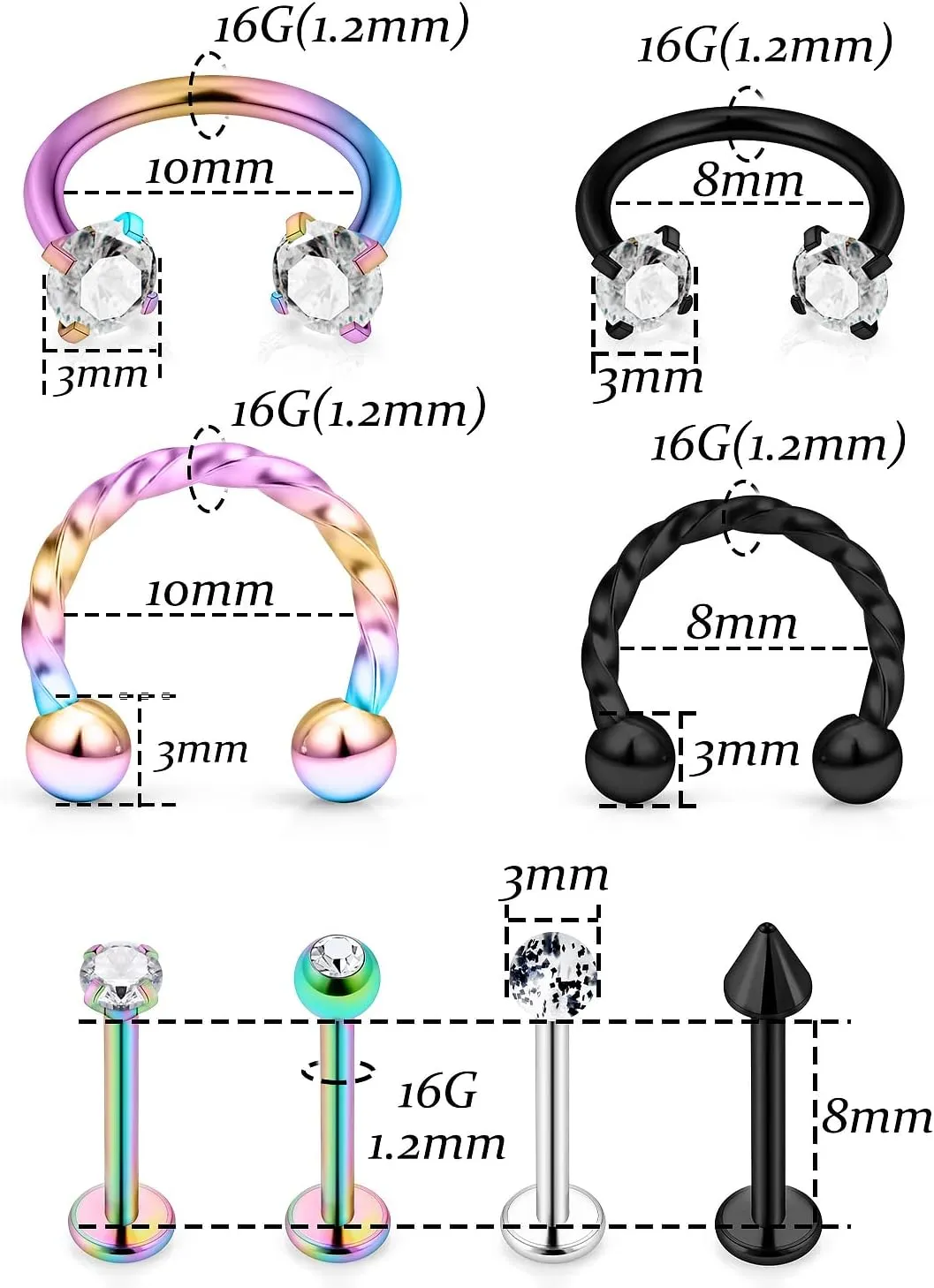 Vsnnsns 16G Lip Rings Stainless Steel Horseshoe Snake Bite Monroe Labret Medusa Lip Piercing Jewelry Tragus Daith Forward Helix Conch Cartilage Earrings Studs Piercing Jewelry for Women Men 16 Gauge
