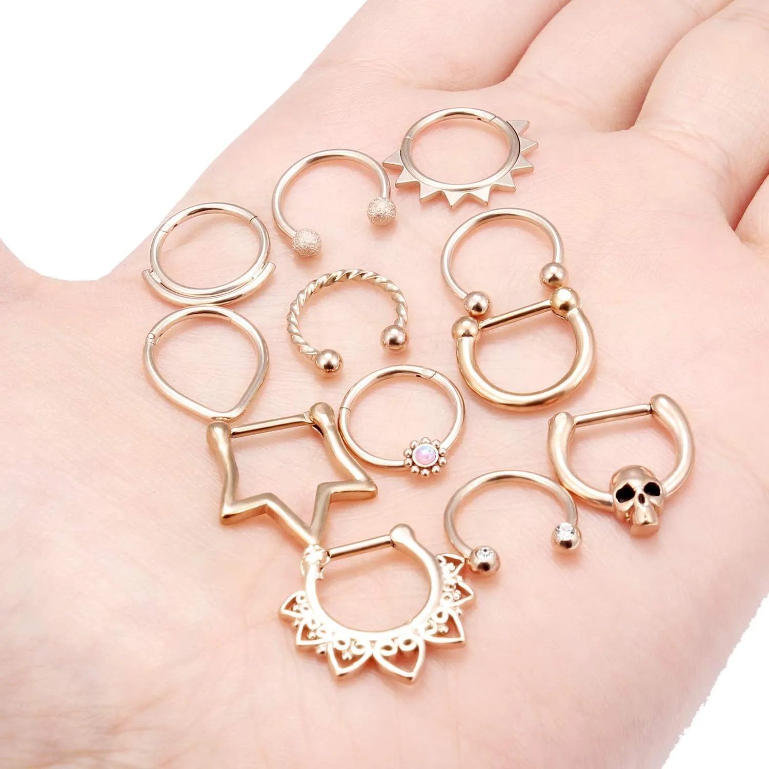 Vsnnsns 16G Septum Rings Piercing Jewelry 316L Stainless Surgical Steel Skull Flower Opal Clicker Horseshoe Septum Nose Rings Hoop Piercing Jewelry for Women Men Silver Black Rose Gold 10mm