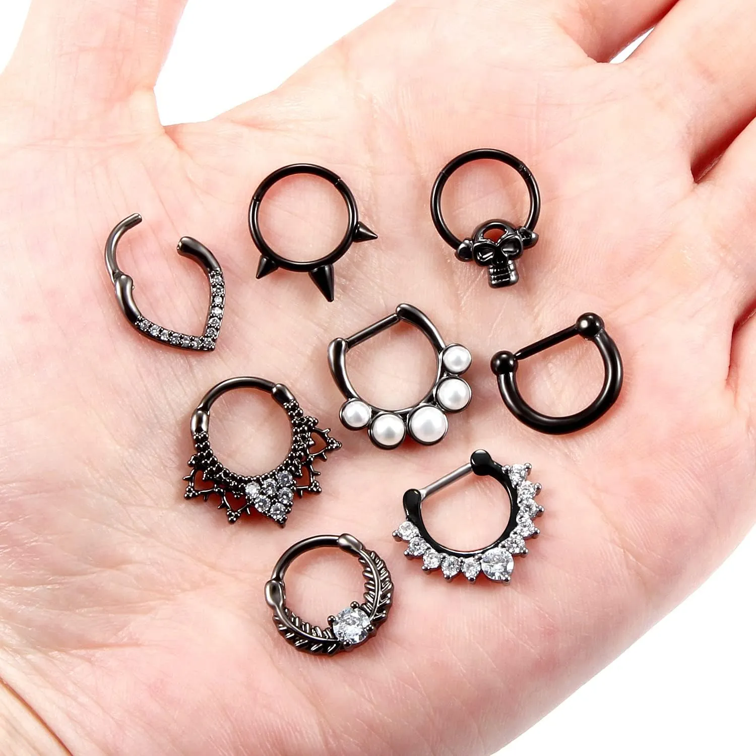 Vsnnsns 16G Septum Rings Piercing Jewelry 316L Stainless Surgical Steel Skull Flower Opal Clicker Horseshoe Septum Nose Rings Hoop Piercing Jewelry for Women Men Silver Black Rose Gold 10mm