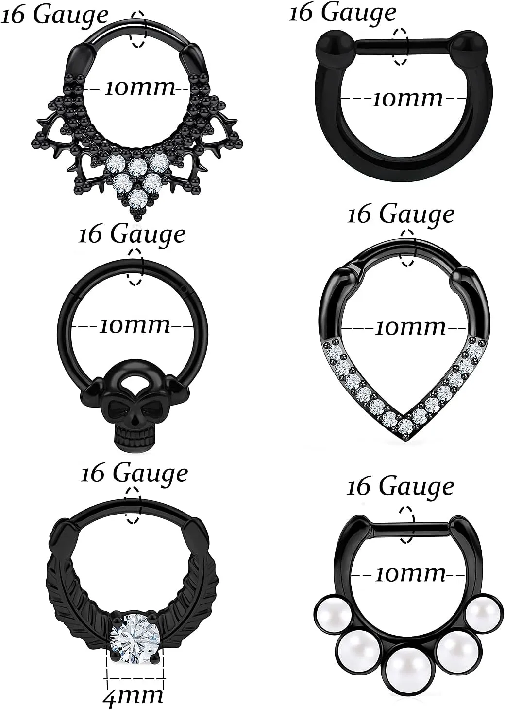 Vsnnsns 16G Septum Rings Piercing Jewelry 316L Stainless Surgical Steel Skull Flower Opal Clicker Horseshoe Septum Nose Rings Hoop Piercing Jewelry for Women Men Silver Black Rose Gold 10mm