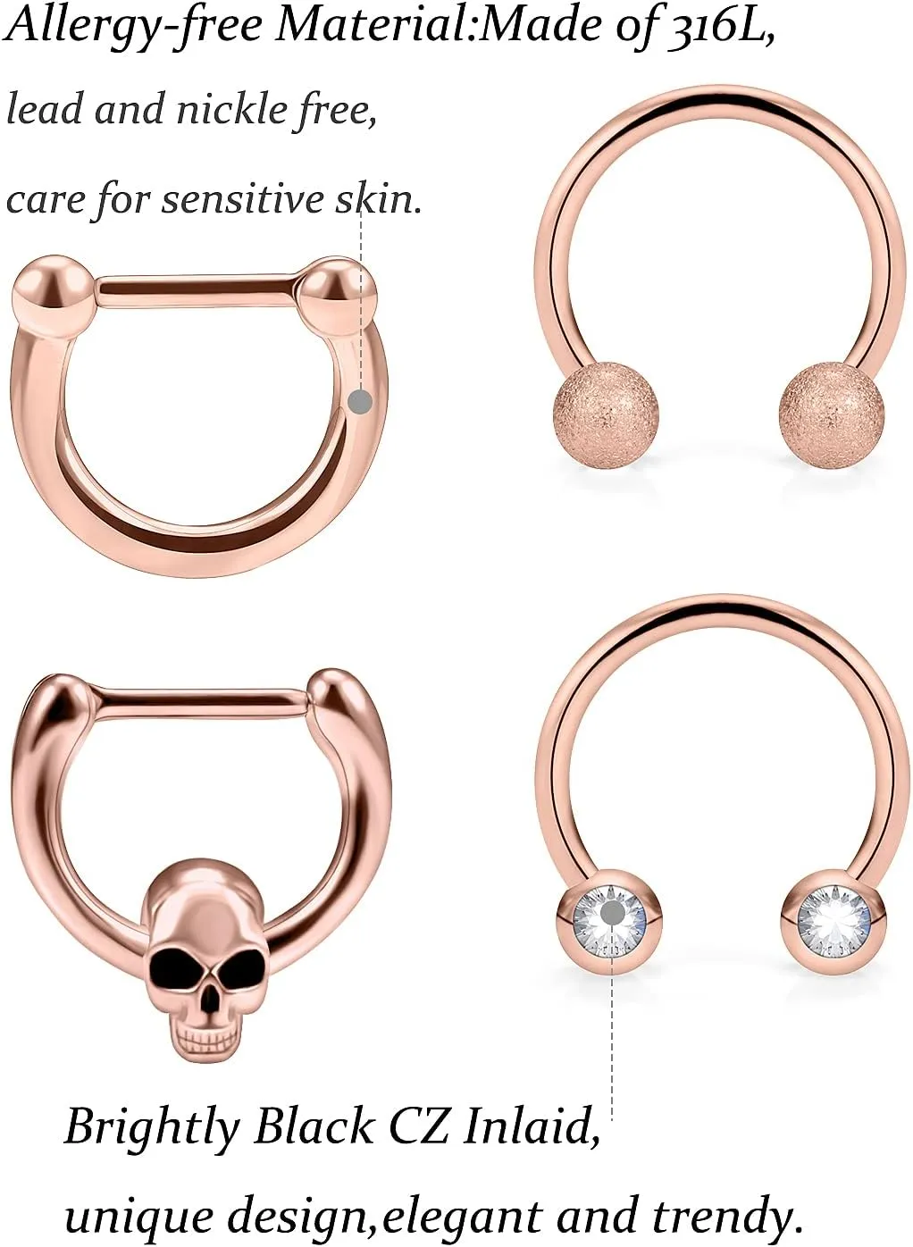 Vsnnsns 16G Septum Rings Piercing Jewelry 316L Stainless Surgical Steel Skull Flower Opal Clicker Horseshoe Septum Nose Rings Hoop Piercing Jewelry for Women Men Silver Black Rose Gold 10mm