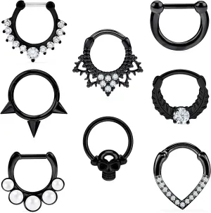 Vsnnsns 16G Septum Rings Piercing Jewelry 316L Stainless Surgical Steel Skull Flower Opal Clicker Horseshoe Septum Nose Rings Hoop Piercing Jewelry for Women Men Silver Black Rose Gold 10mm