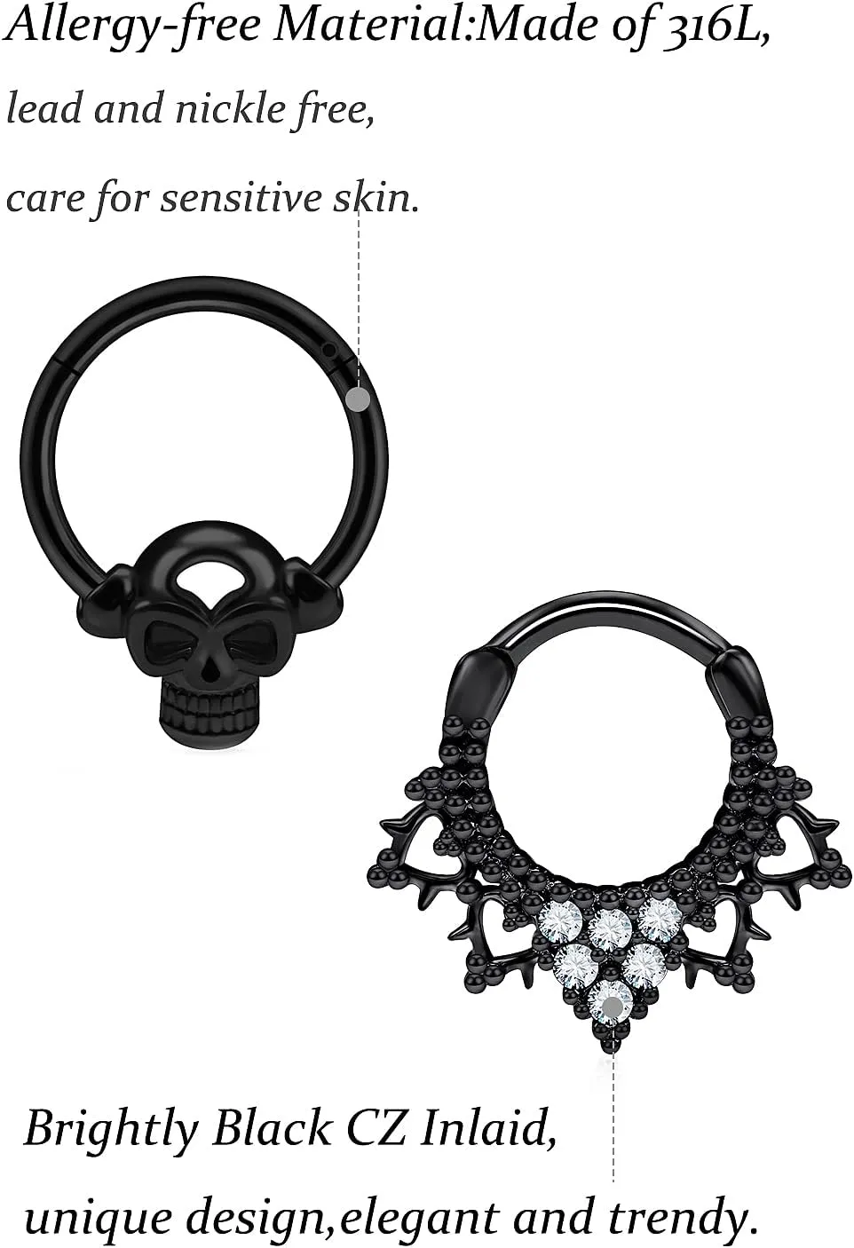 Vsnnsns 16G Septum Rings Piercing Jewelry 316L Stainless Surgical Steel Skull Flower Opal Clicker Horseshoe Septum Nose Rings Hoop Piercing Jewelry for Women Men Silver Black Rose Gold 10mm