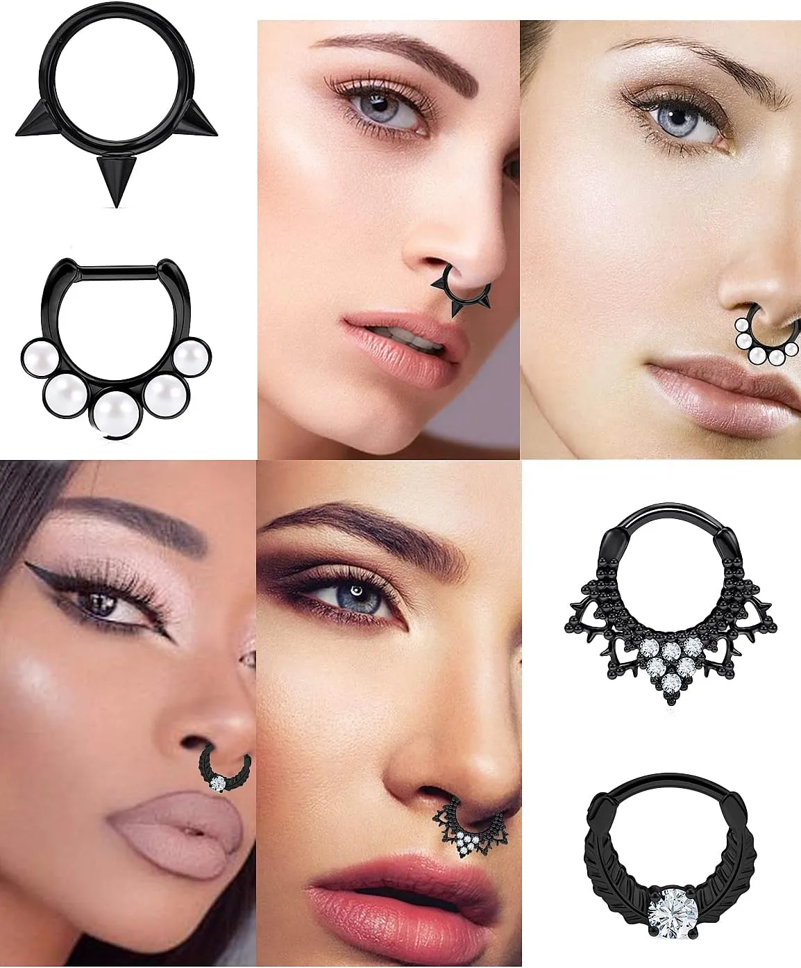 Vsnnsns 16G Septum Rings Piercing Jewelry 316L Stainless Surgical Steel Skull Flower Opal Clicker Horseshoe Septum Nose Rings Hoop Piercing Jewelry for Women Men Silver Black Rose Gold 10mm