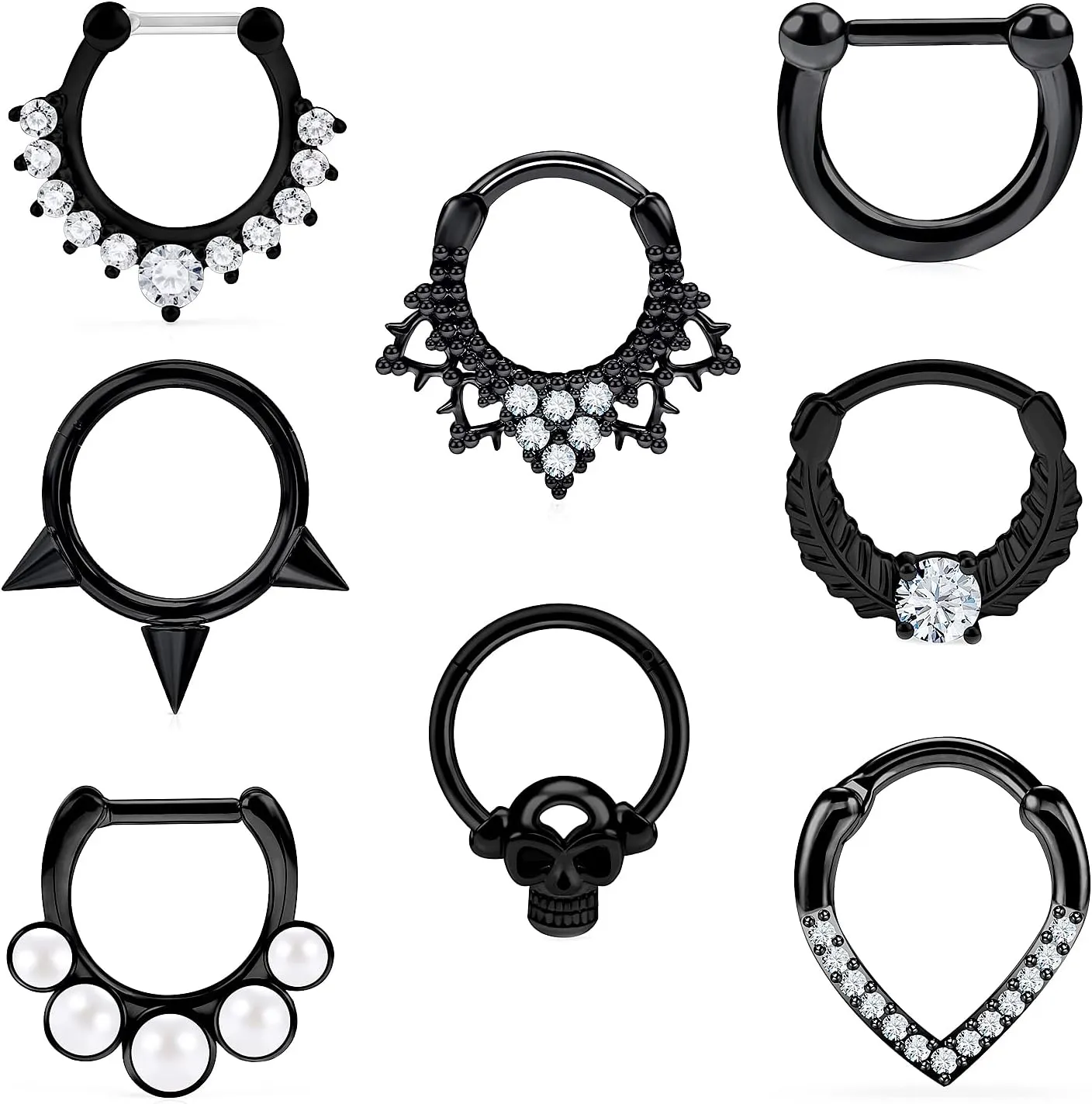 Vsnnsns 16G Septum Rings Piercing Jewelry 316L Stainless Surgical Steel Skull Flower Opal Clicker Horseshoe Septum Nose Rings Hoop Piercing Jewelry for Women Men Silver Black Rose Gold 10mm