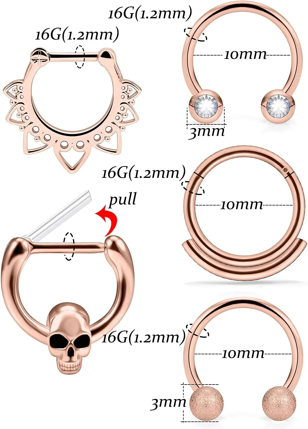Vsnnsns 16G Septum Rings Piercing Jewelry 316L Stainless Surgical Steel Skull Flower Opal Clicker Horseshoe Septum Nose Rings Hoop Piercing Jewelry for Women Men Silver Black Rose Gold 10mm