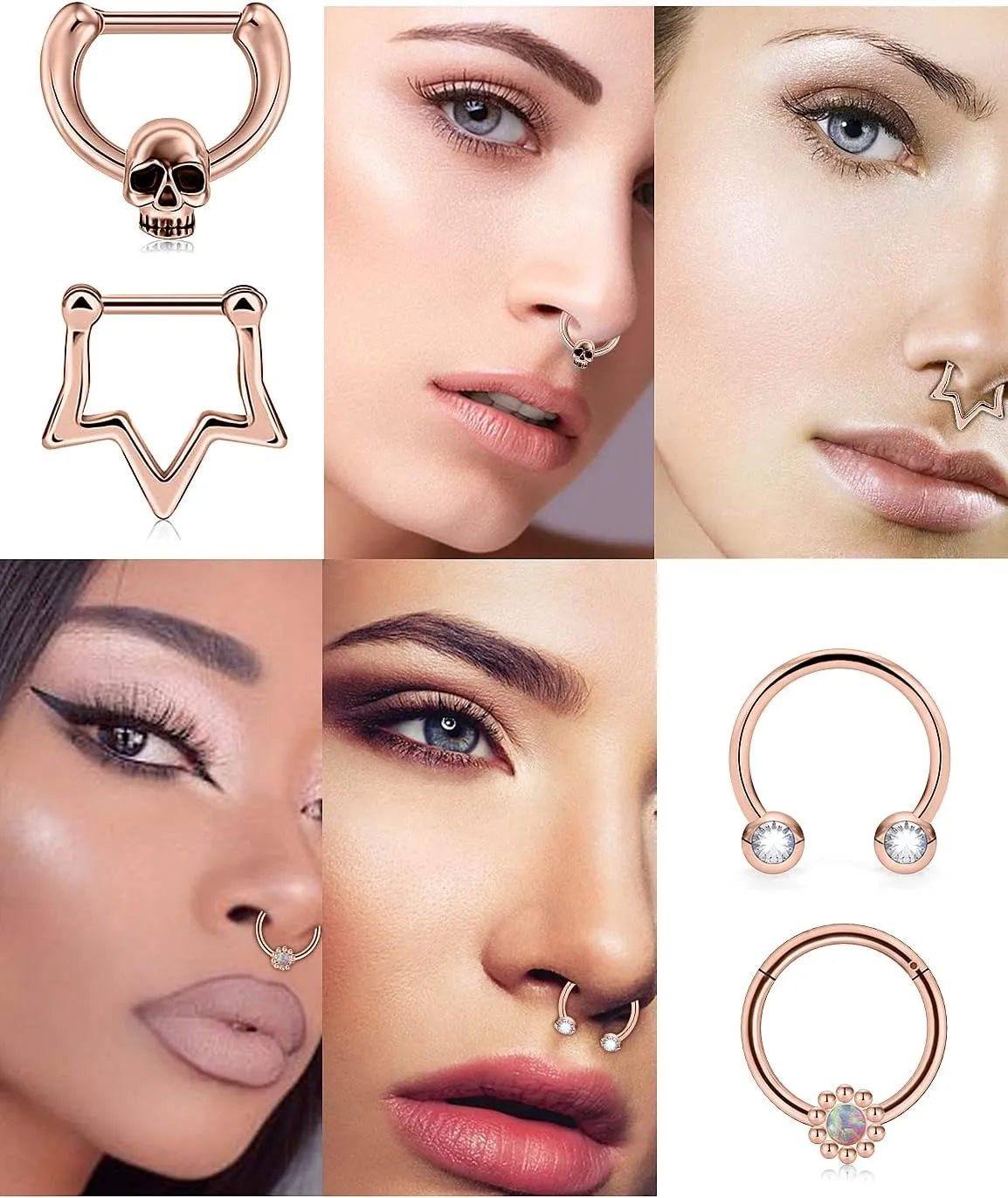 Vsnnsns 16G Septum Rings Piercing Jewelry 316L Stainless Surgical Steel Skull Flower Opal Clicker Horseshoe Septum Nose Rings Hoop Piercing Jewelry for Women Men Silver Black Rose Gold 10mm