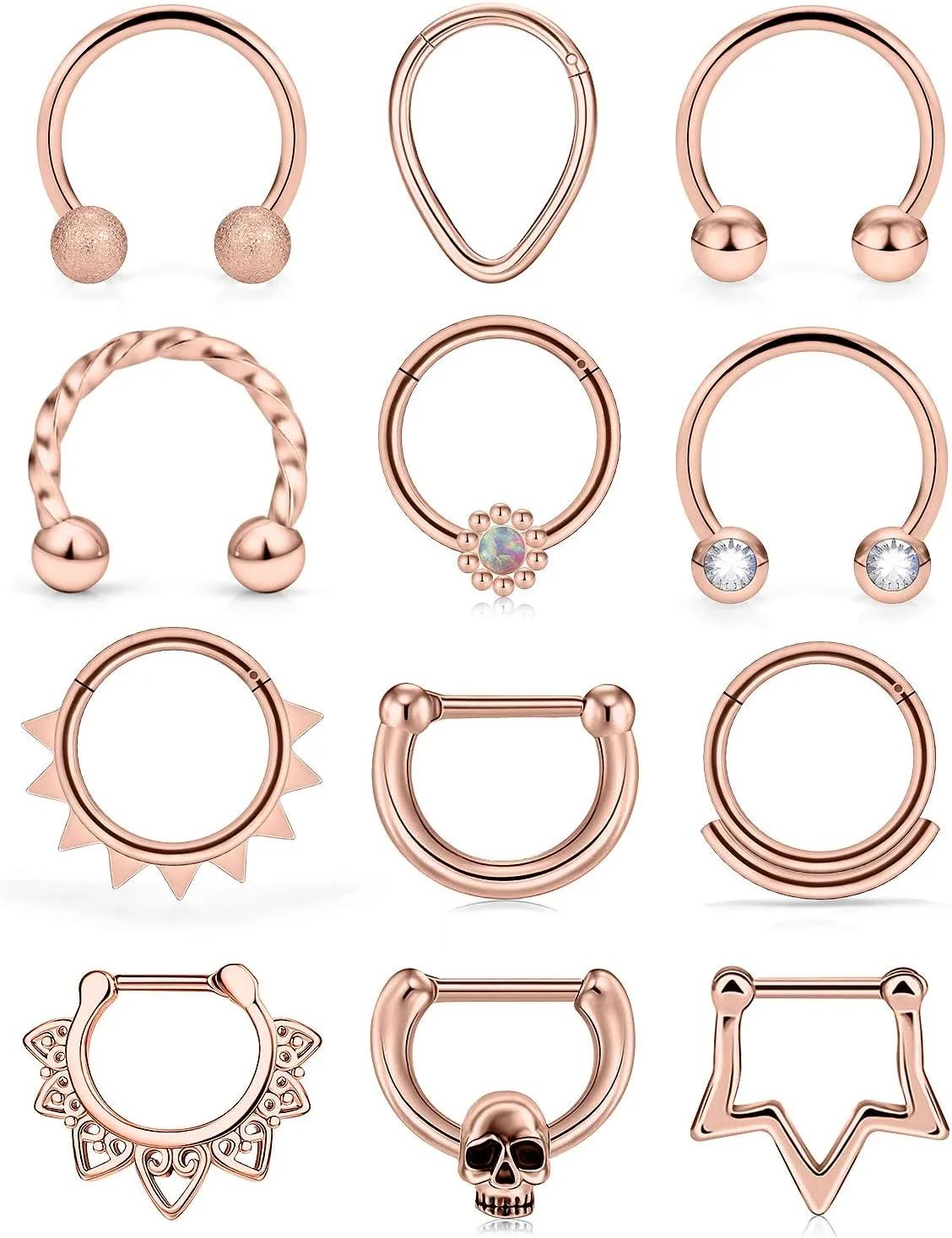Vsnnsns 16G Septum Rings Piercing Jewelry 316L Stainless Surgical Steel Skull Flower Opal Clicker Horseshoe Septum Nose Rings Hoop Piercing Jewelry for Women Men Silver Black Rose Gold 10mm