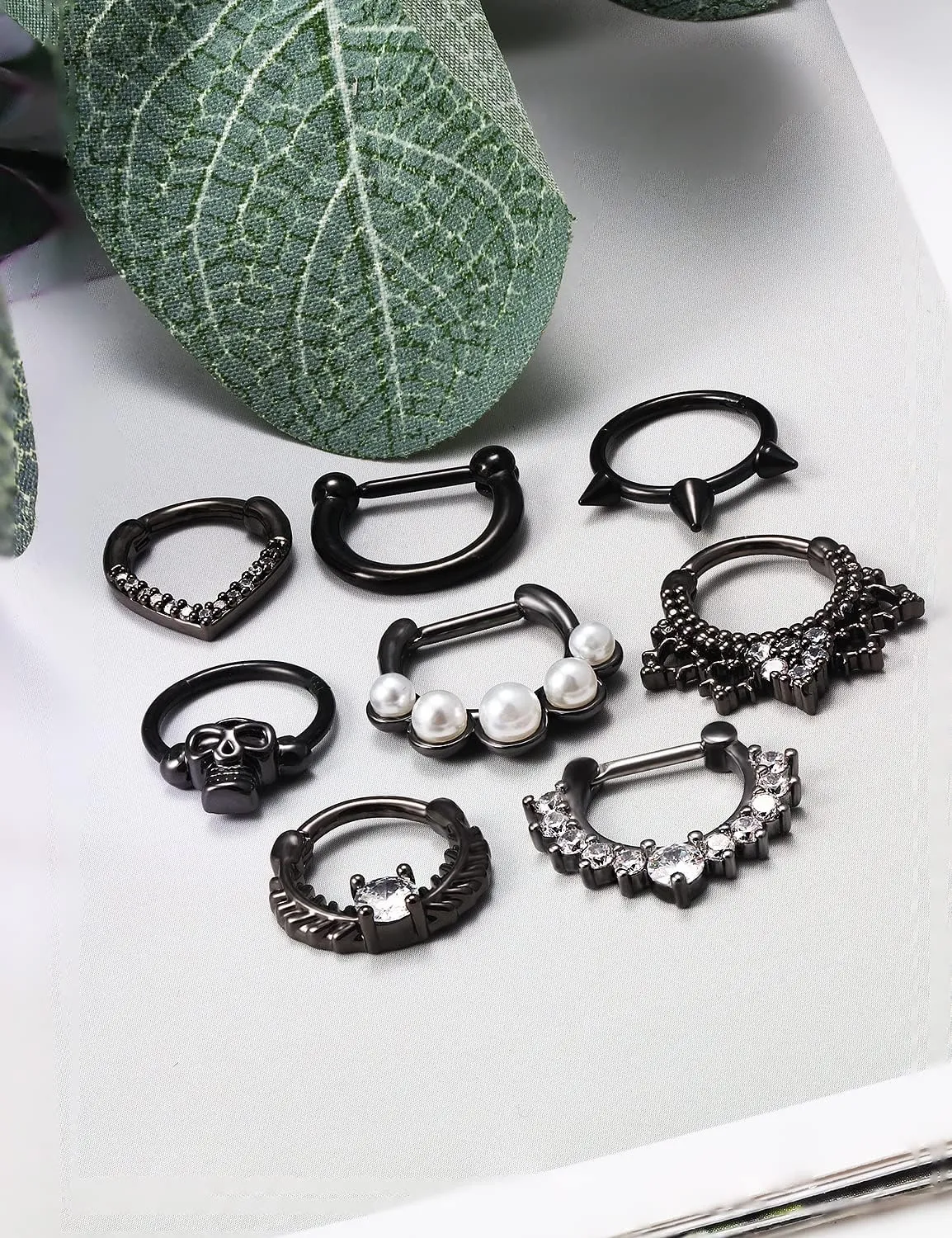 Vsnnsns 16G Septum Rings Piercing Jewelry 316L Stainless Surgical Steel Skull Flower Opal Clicker Horseshoe Septum Nose Rings Hoop Piercing Jewelry for Women Men Silver Black Rose Gold 10mm