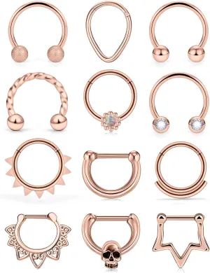 Vsnnsns 16G Septum Rings Piercing Jewelry 316L Stainless Surgical Steel Skull Flower Opal Clicker Horseshoe Septum Nose Rings Hoop Piercing Jewelry for Women Men Silver Black Rose Gold 10mm