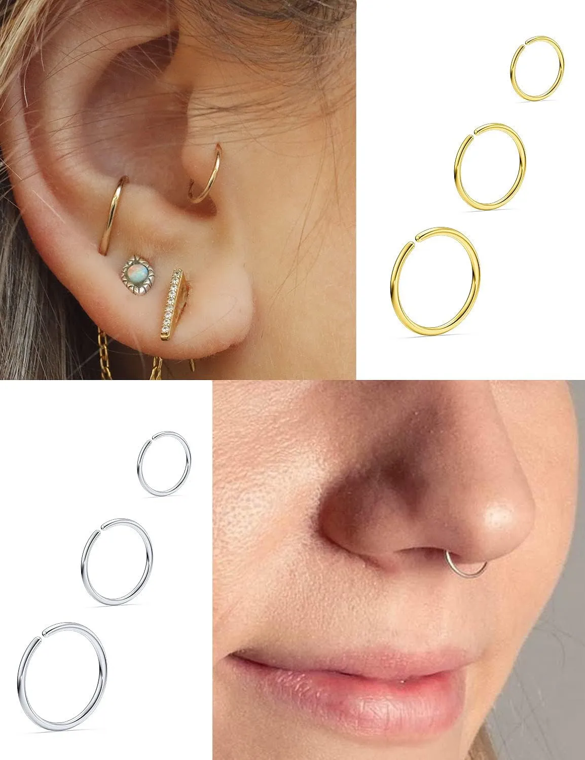 Vsnnsns 18G 20G 22G Nose Rings Hoops for Women Men - 316L Stainless Surgical Steel Lip Septum Rings Helix Tragus Cartilage Earring Piercing Jewelry 6mm 8mm 10mm Nose Piercing Hoops - 36Pcs