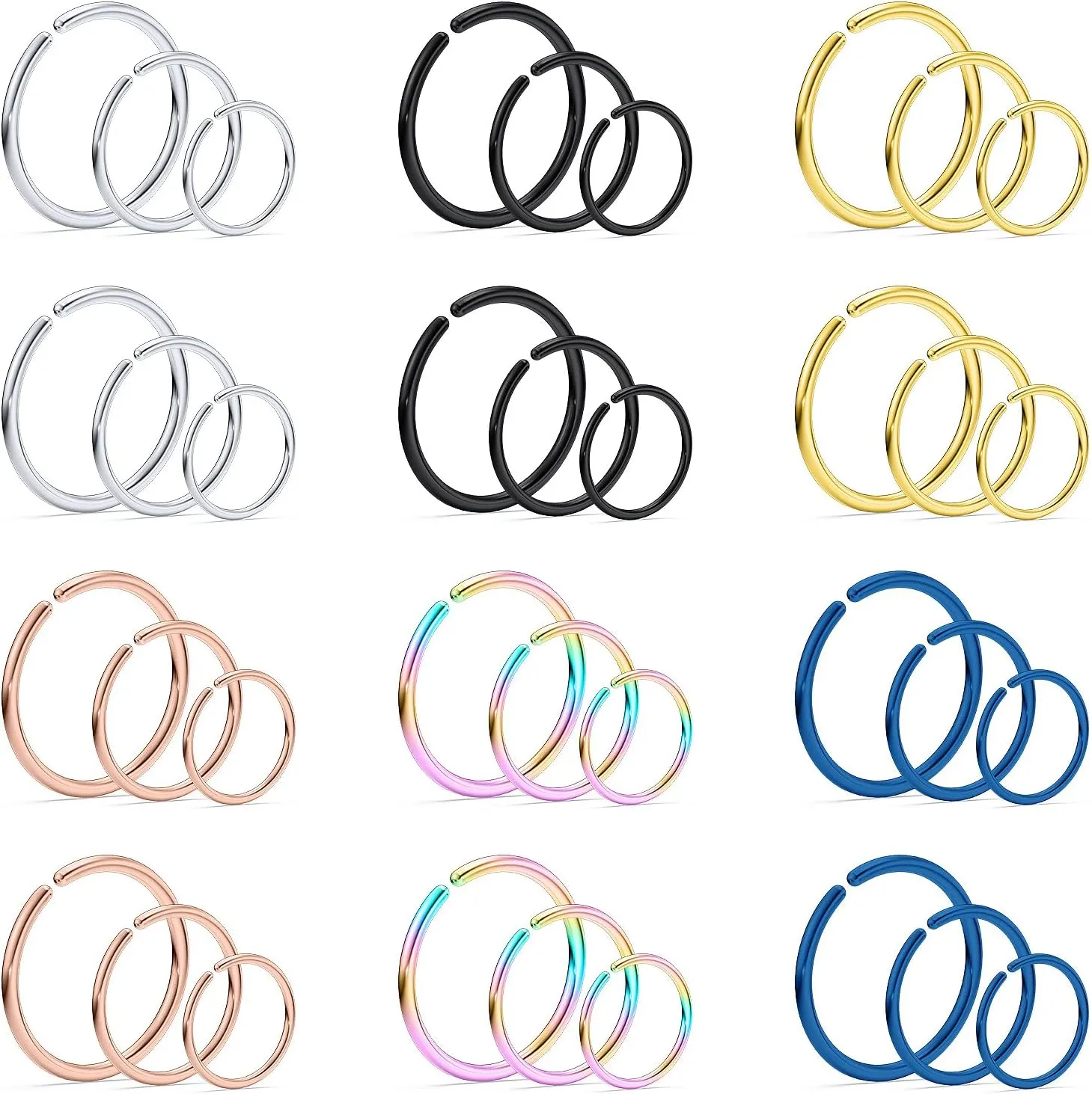 Vsnnsns 18G 20G 22G Nose Rings Hoops for Women Men - 316L Stainless Surgical Steel Lip Septum Rings Helix Tragus Cartilage Earring Piercing Jewelry 6mm 8mm 10mm Nose Piercing Hoops - 36Pcs