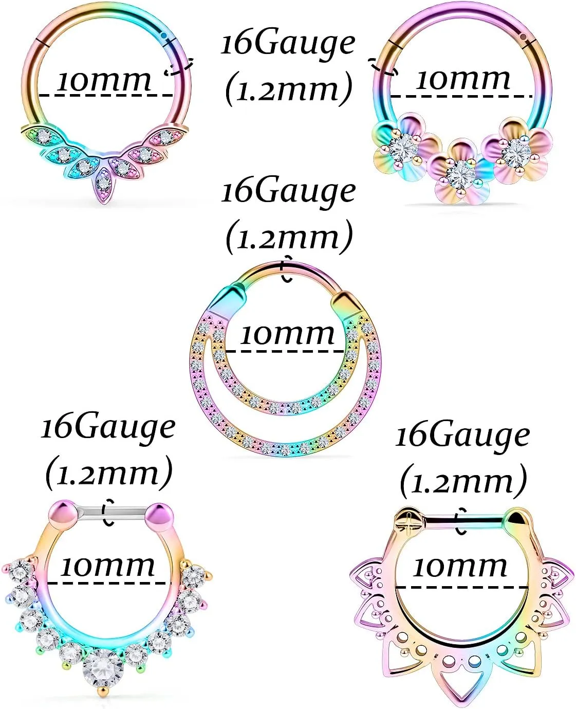 Vsnnsns Septum Ring 16G Stainless Steel Septum Piercing Jewelry Horseshoe Nose Ring Hoop Piercing Jewelry for Women Men 10mm Silver Black Rainbow Rose Gold