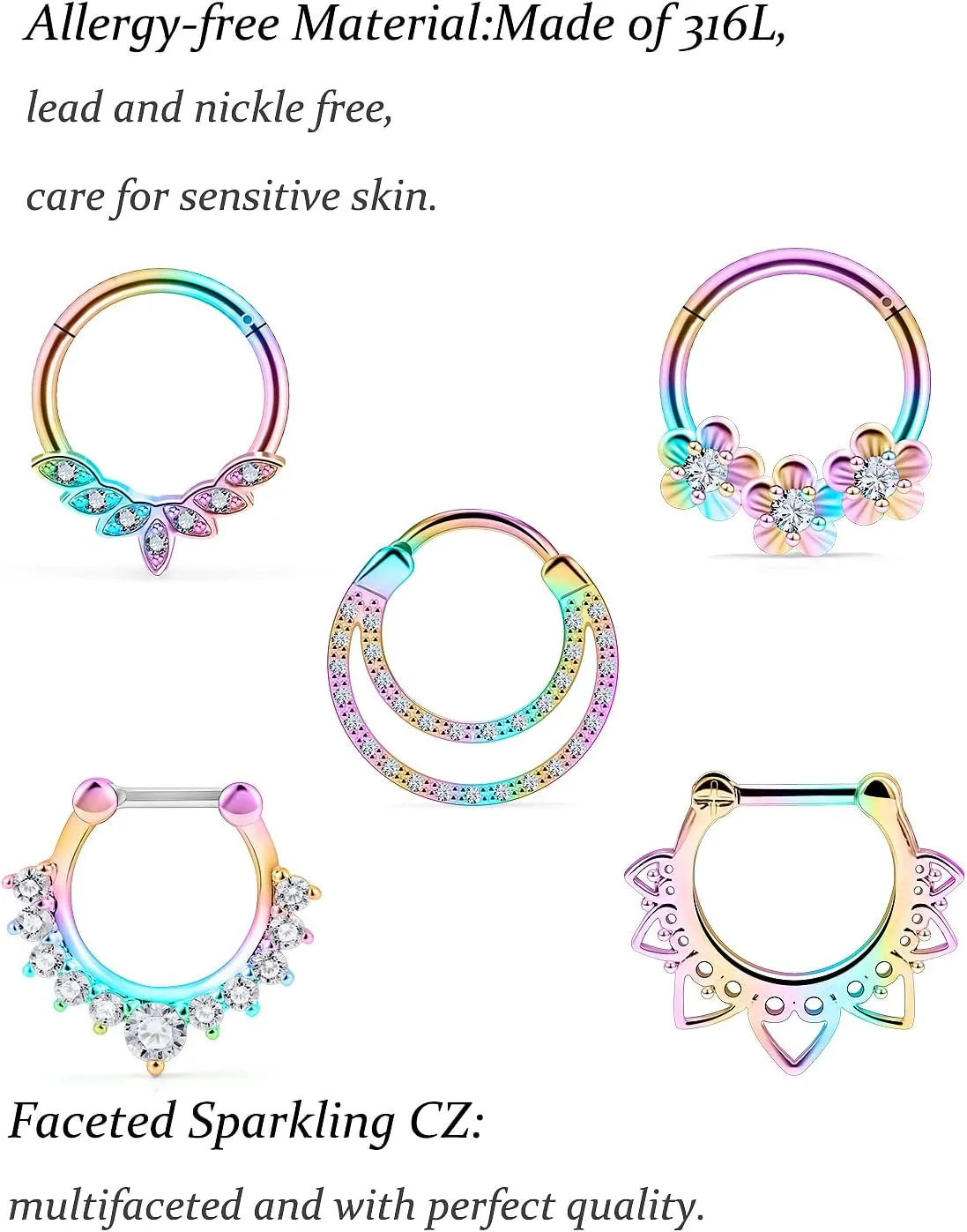 Vsnnsns Septum Ring 16G Stainless Steel Septum Piercing Jewelry Horseshoe Nose Ring Hoop Piercing Jewelry for Women Men 10mm Silver Black Rainbow Rose Gold