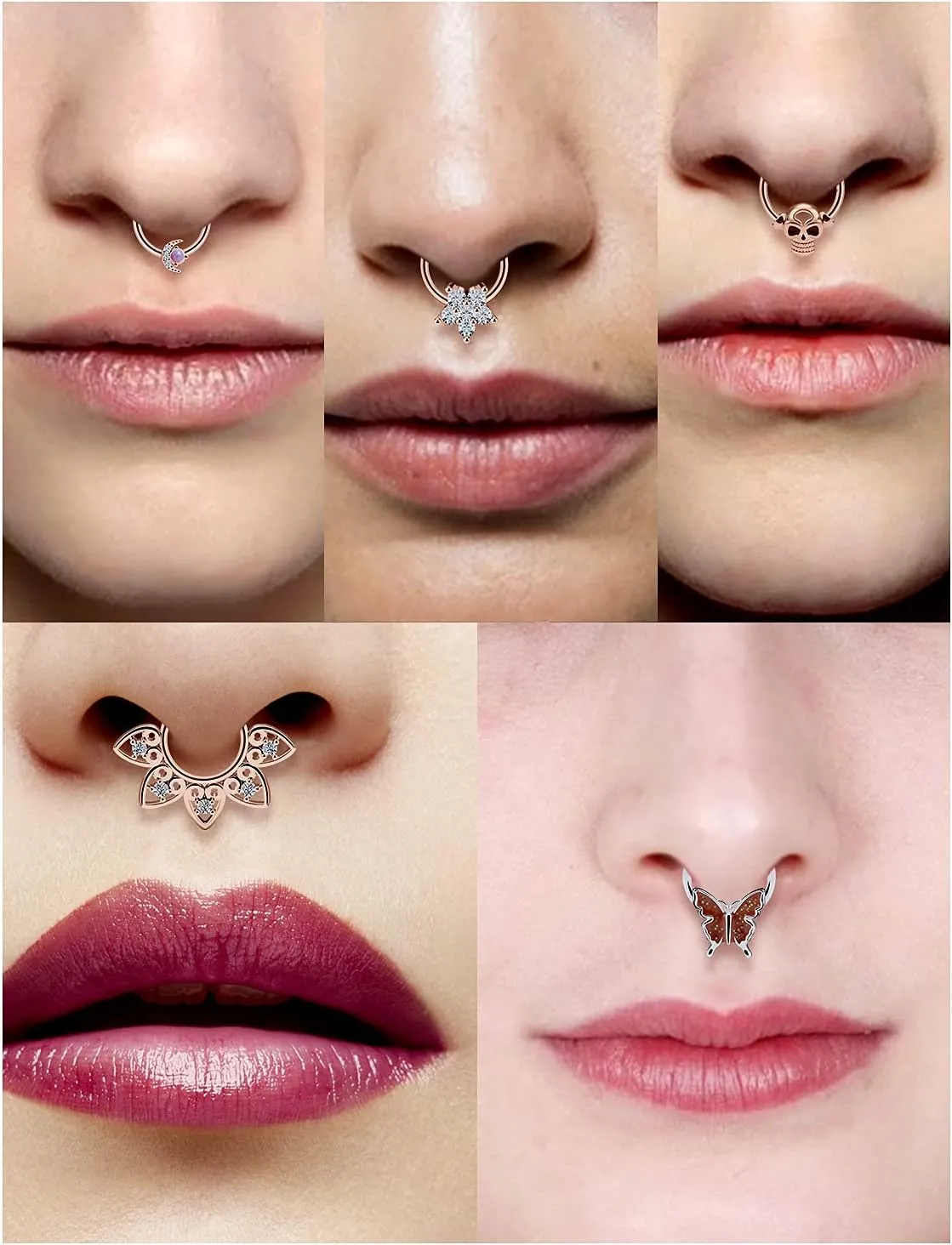 Vsnnsns Septum Ring 16G Stainless Steel Skull Septum Piercing Jewelry Clicker Flower Nose Ring Hoop Piercing Jewelry for Women Men Silver Black Rainbow Rose Gold 10mm