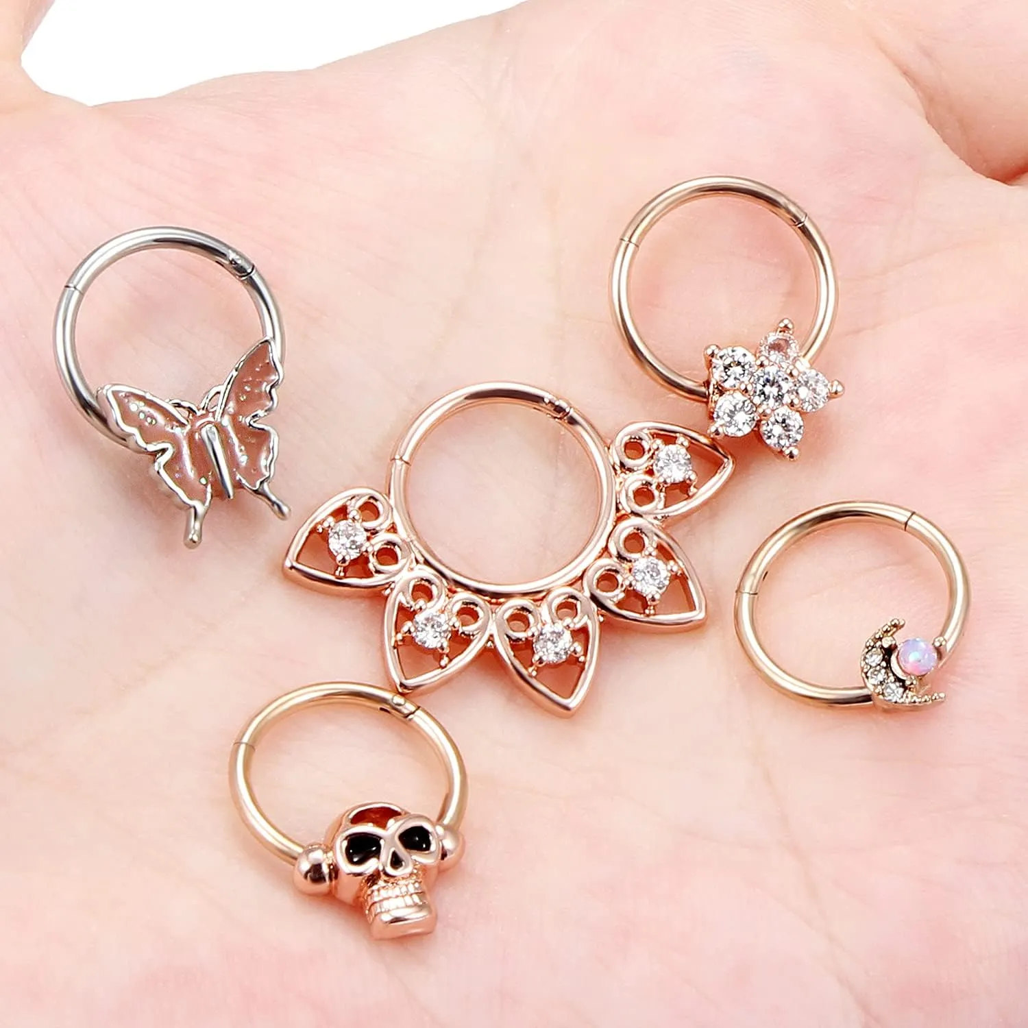 Vsnnsns Septum Ring 16G Stainless Steel Skull Septum Piercing Jewelry Clicker Flower Nose Ring Hoop Piercing Jewelry for Women Men Silver Black Rainbow Rose Gold 10mm