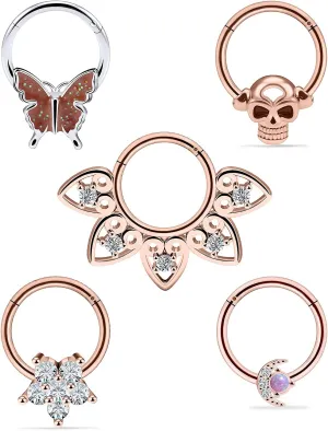 Vsnnsns Septum Ring 16G Stainless Steel Skull Septum Piercing Jewelry Clicker Flower Nose Ring Hoop Piercing Jewelry for Women Men Silver Black Rainbow Rose Gold 10mm
