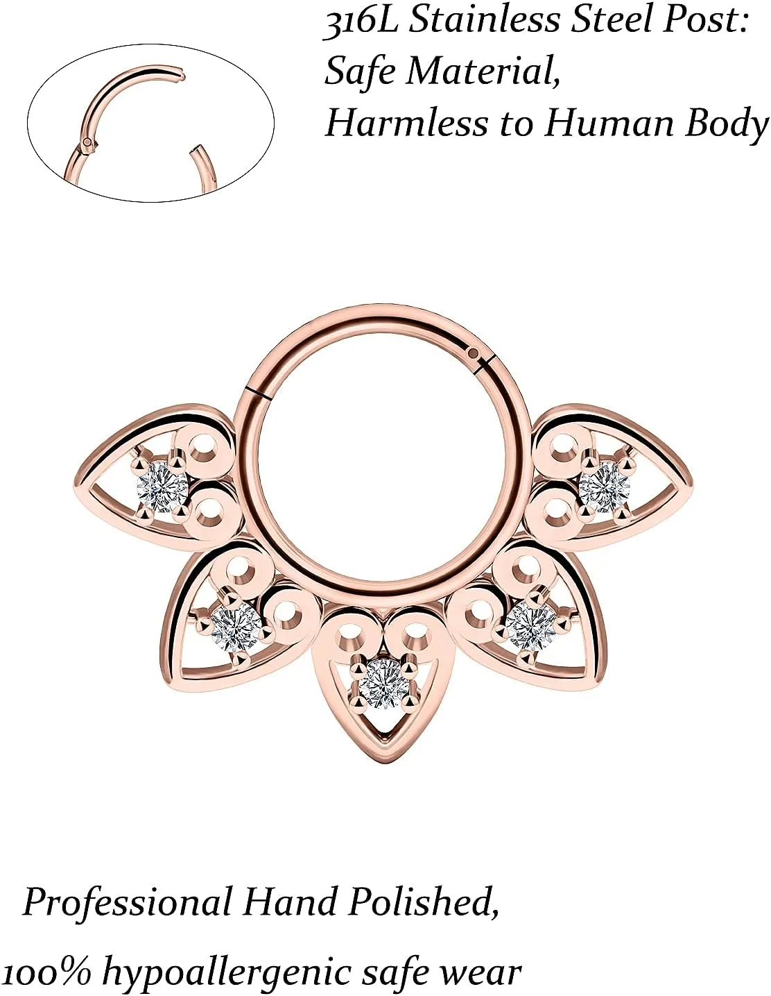 Vsnnsns Septum Ring 16G Stainless Steel Skull Septum Piercing Jewelry Clicker Flower Nose Ring Hoop Piercing Jewelry for Women Men Silver Black Rainbow Rose Gold 10mm