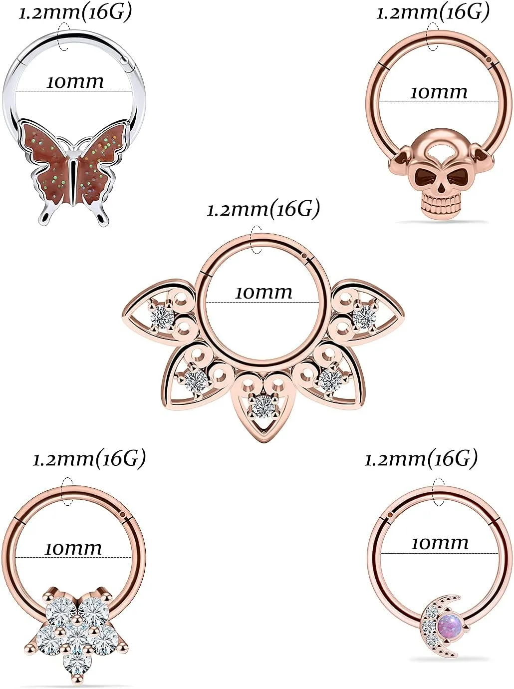 Vsnnsns Septum Ring 16G Stainless Steel Skull Septum Piercing Jewelry Clicker Flower Nose Ring Hoop Piercing Jewelry for Women Men Silver Black Rainbow Rose Gold 10mm