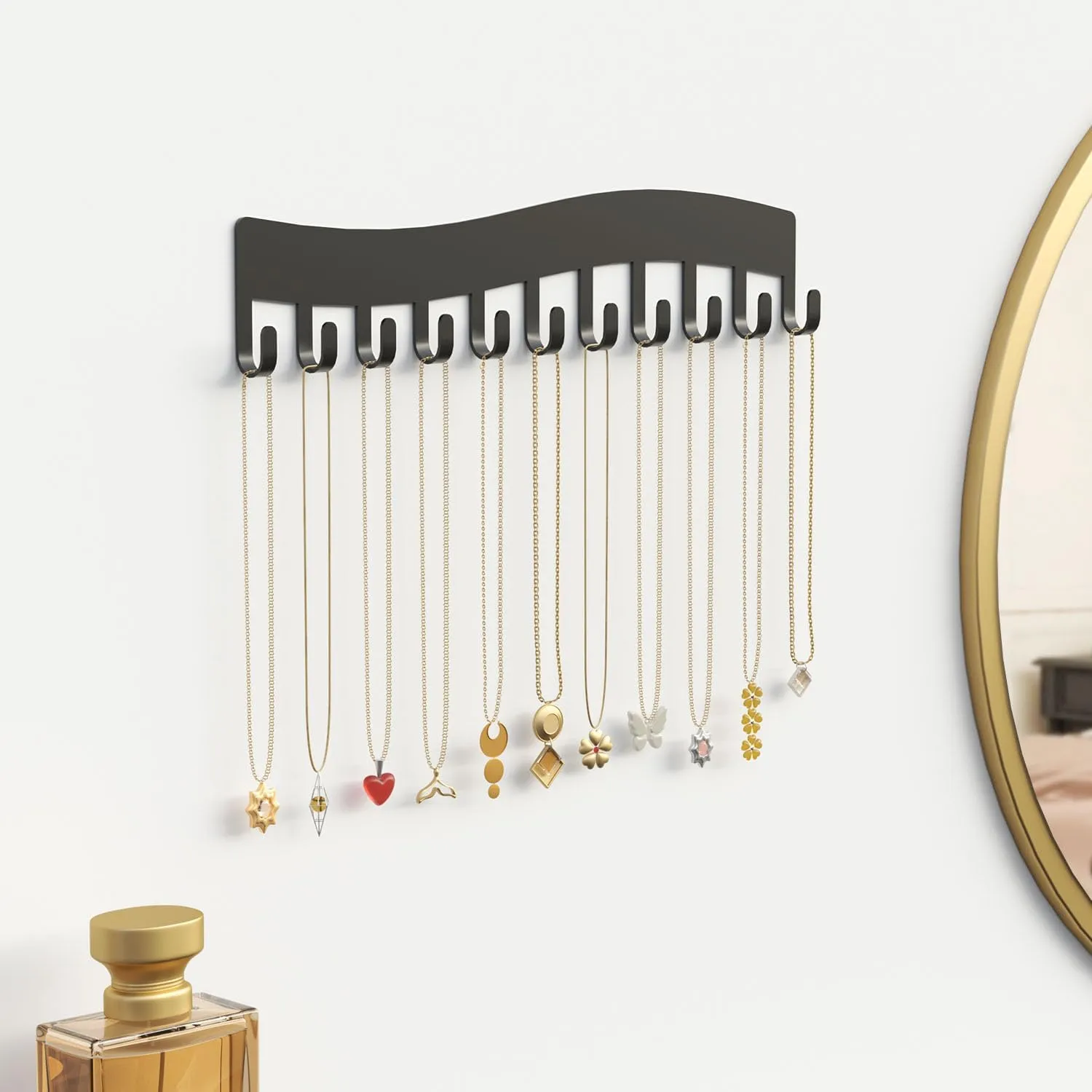 Wall Necklace Organizer Holder: Wall Mounted Jewelry Hanging Storage Necklaces Display Hanger Black