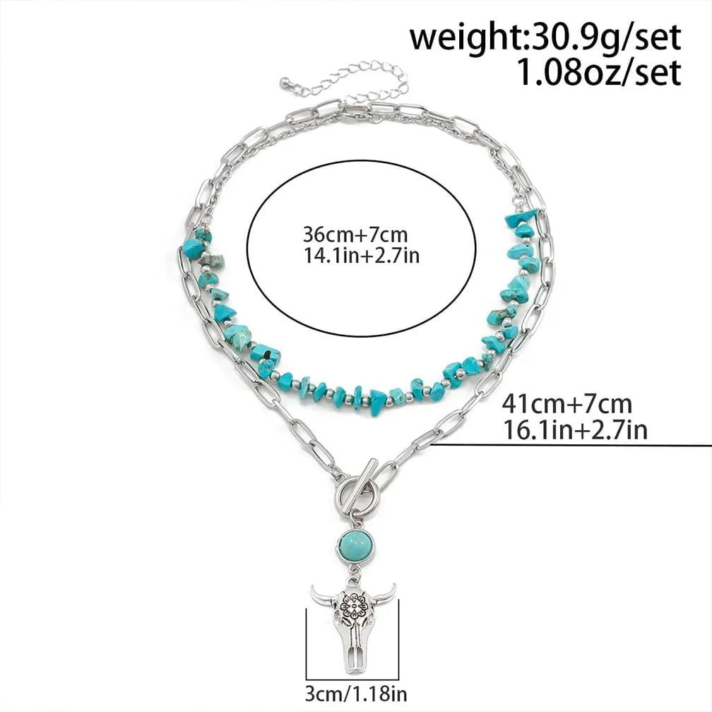 Western Layered Turquoise Cow Jewelry Set for Women Cowgirl Cowboy Boho Beaded Country Pendant Necklaces Accessories Vintage Cactus Choker Necklace Gift