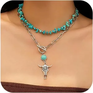 Western Layered Turquoise Cow Jewelry Set for Women Cowgirl Cowboy Boho Beaded Country Pendant Necklaces Accessories Vintage Cactus Choker Necklace Gift