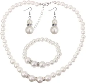 White Crystal Pearl Diamond Necklace, Bracelet & Earrings Set for Women, Girls - Anniversary, Birthday, Wedding & Mother's Day Gifts