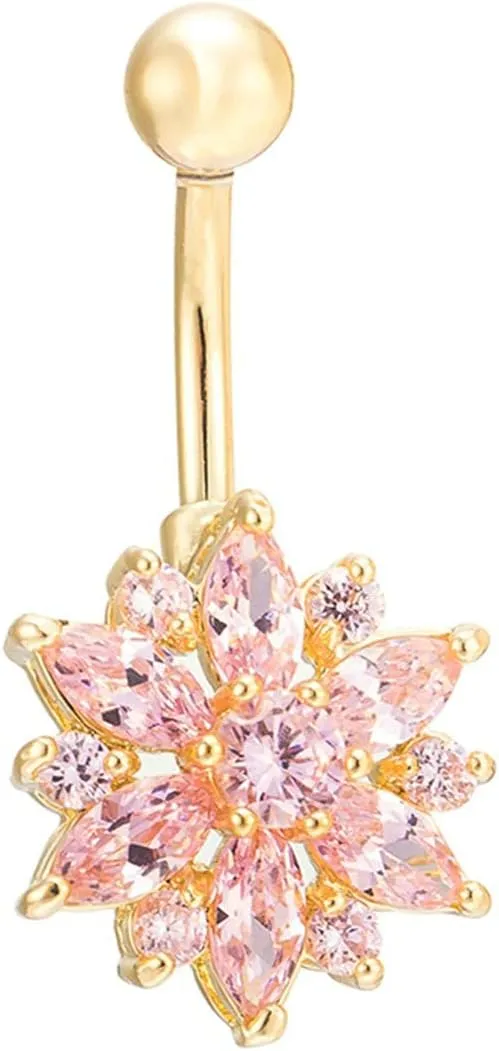 Woman Belly Button Rings, Flower Titanium Belly Button Rings Simple Cubic Zirconia Stud Belly Button Rings Pretty