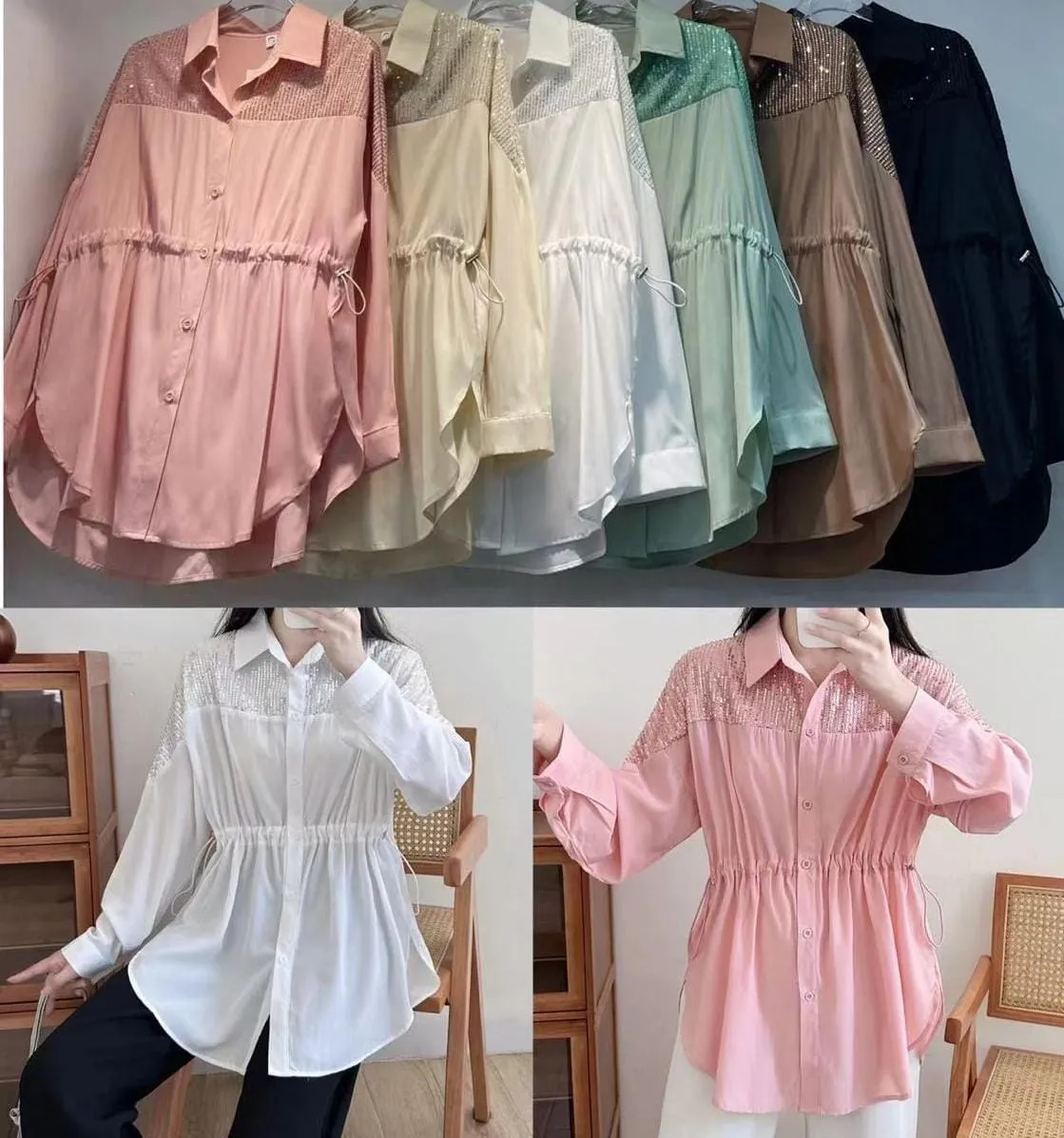 Women premium summer sequin shirts with adjustable string