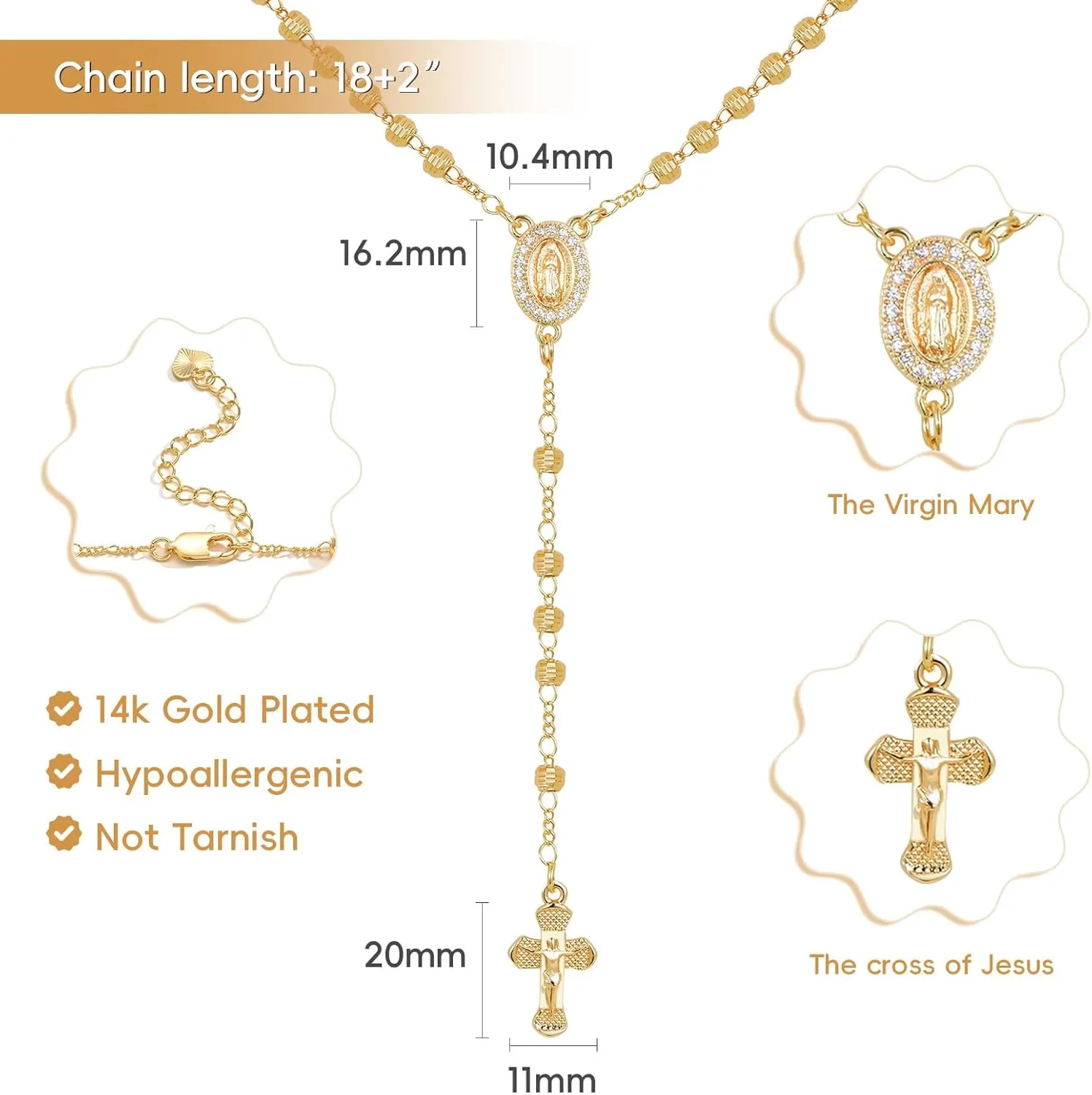 Women's Gold Virgin Mary Necklace - 14k Gold Plated Rosary Bead Cross Necklaces,Hypoallergenic Non Tarnish Gold Catholic Y Chain Necklace,Religious Rosary Beads Crucifix Necklaces Jewelry Gift for Her