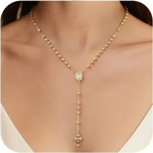 Women's Gold Virgin Mary Necklace - 14k Gold Plated Rosary Bead Cross Necklaces,Hypoallergenic Non Tarnish Gold Catholic Y Chain Necklace,Religious Rosary Beads Crucifix Necklaces Jewelry Gift for Her