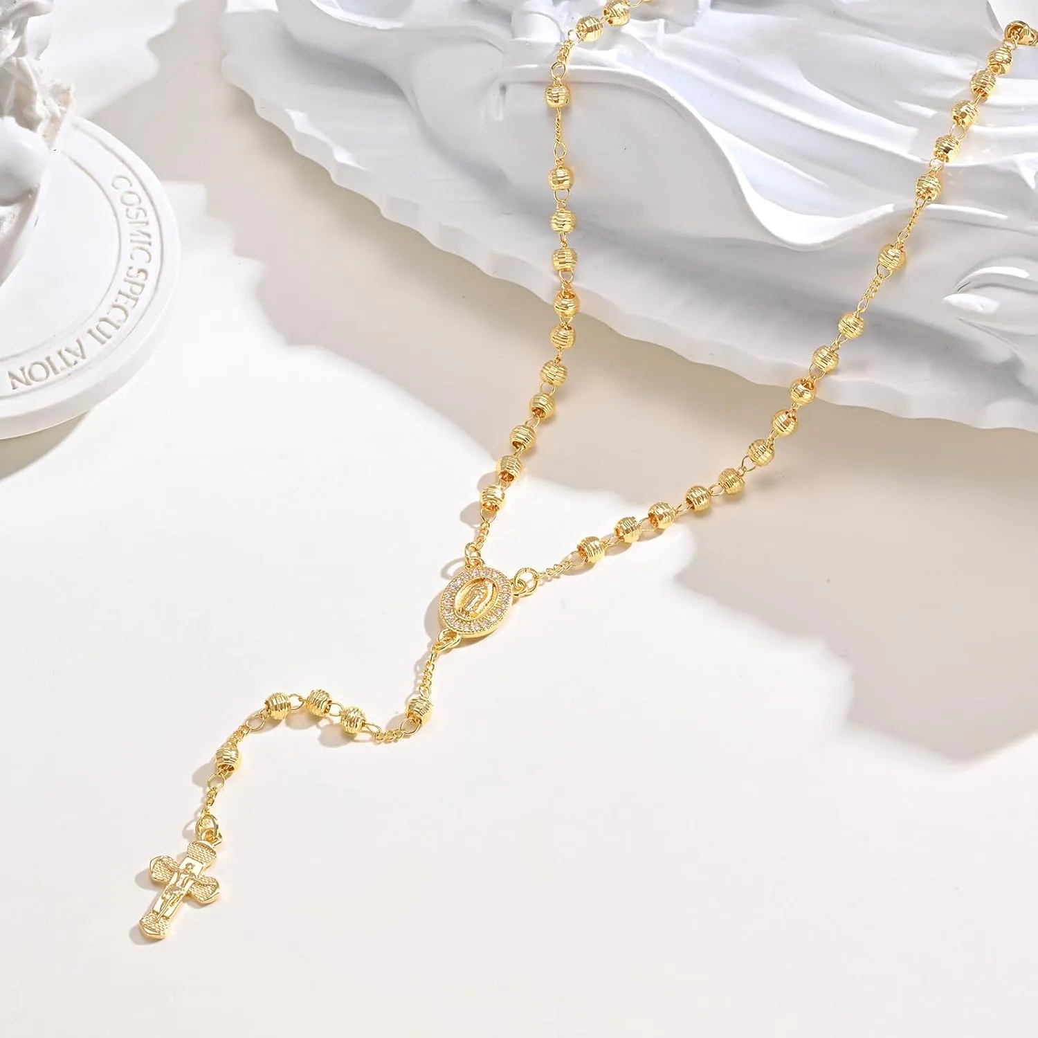 Women's Gold Virgin Mary Necklace - 14k Gold Plated Rosary Bead Cross Necklaces,Hypoallergenic Non Tarnish Gold Catholic Y Chain Necklace,Religious Rosary Beads Crucifix Necklaces Jewelry Gift for Her