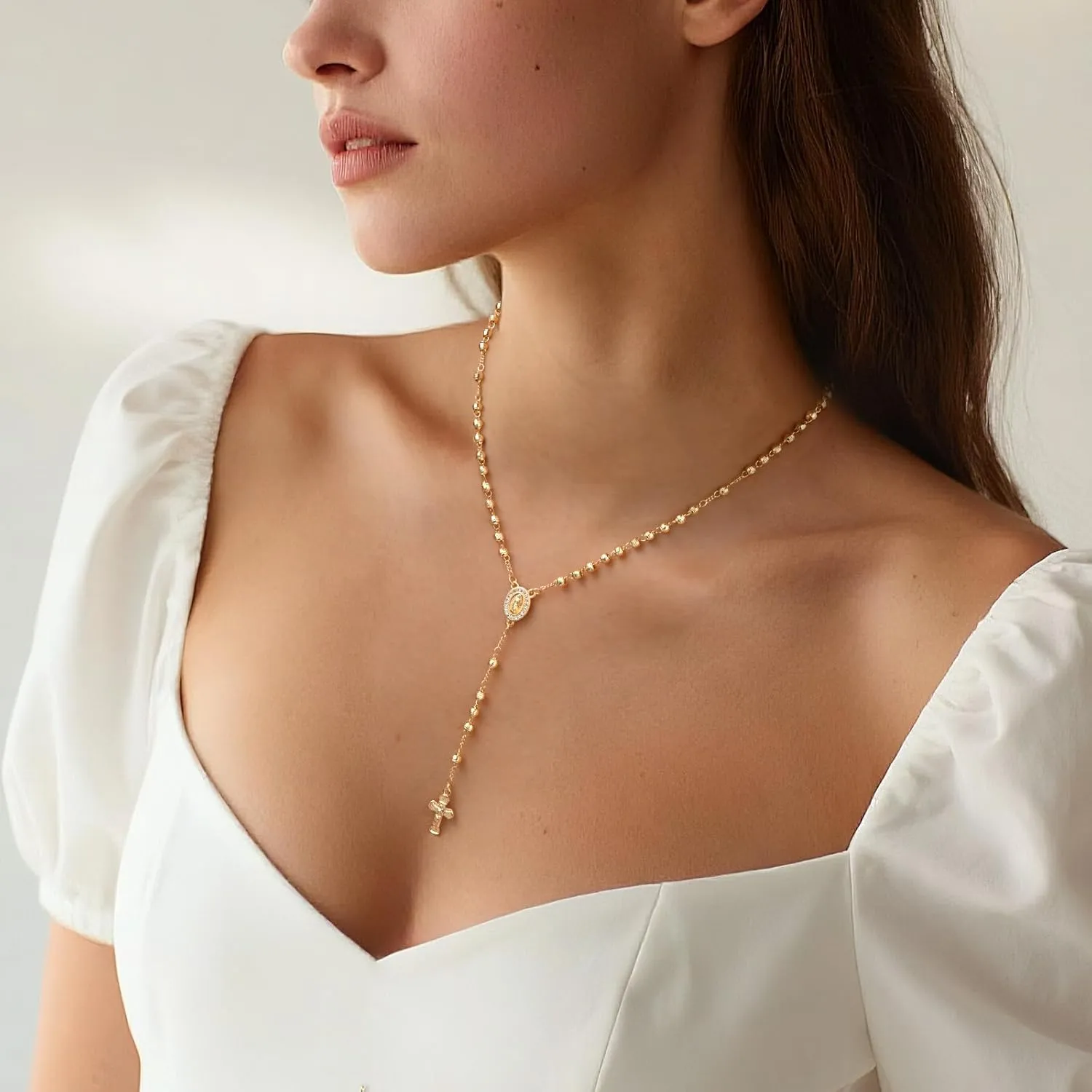 Women's Gold Virgin Mary Necklace - 14k Gold Plated Rosary Bead Cross Necklaces,Hypoallergenic Non Tarnish Gold Catholic Y Chain Necklace,Religious Rosary Beads Crucifix Necklaces Jewelry Gift for Her