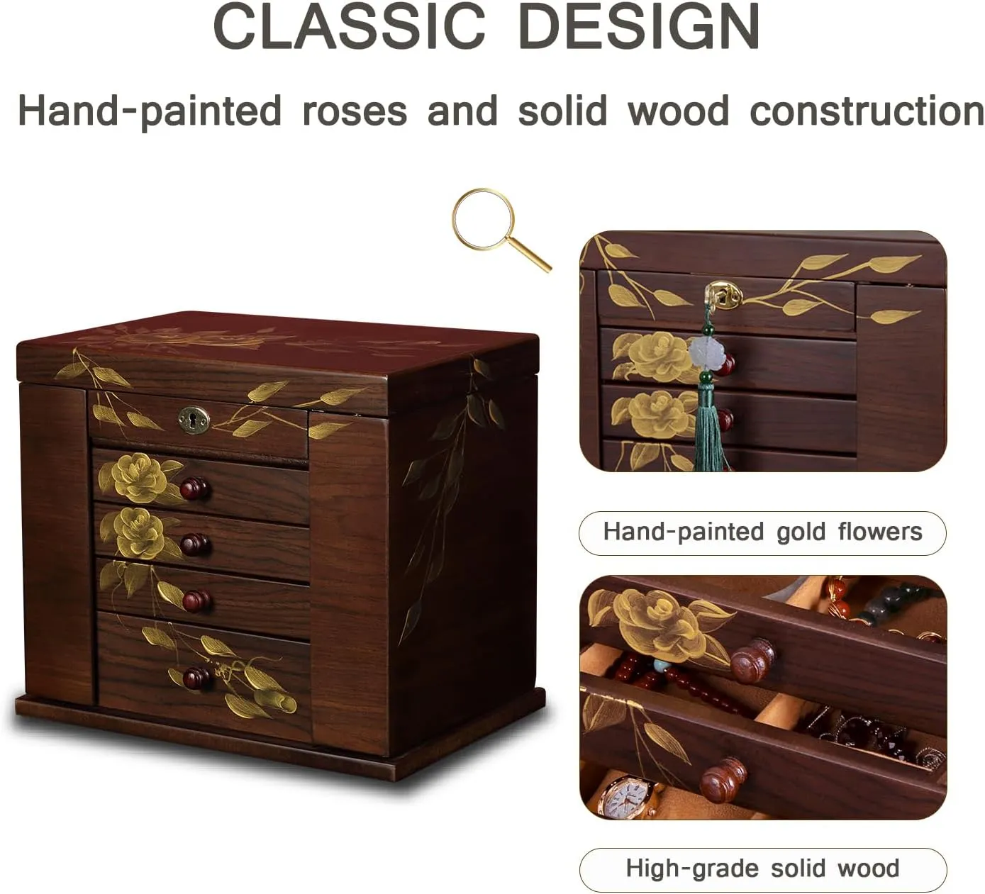 Wooden Jewelry Box for Women, 5-Layer Large Wood Jewelry Boxes & Organizer with Drawers for Rings Necklaces,Hand-painted rose flowers jewelry case organizer,jewelry safe