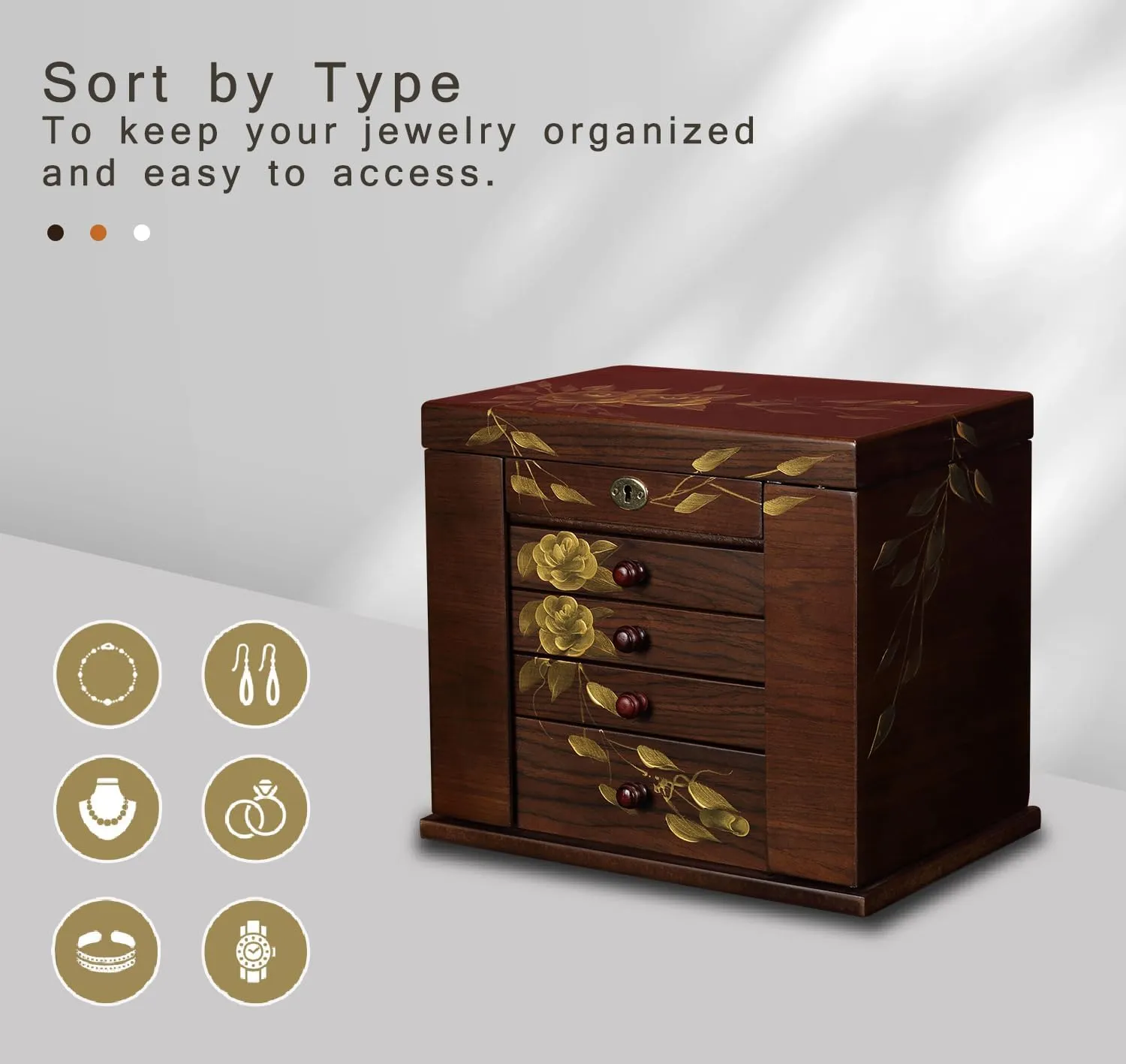 Wooden Jewelry Box for Women, 5-Layer Large Wood Jewelry Boxes & Organizer with Drawers for Rings Necklaces,Hand-painted rose flowers jewelry case organizer,jewelry safe