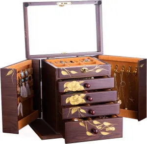 Wooden Jewelry Box for Women, 5-Layer Large Wood Jewelry Boxes & Organizer with Drawers for Rings Necklaces,Hand-painted rose flowers jewelry case organizer,jewelry safe